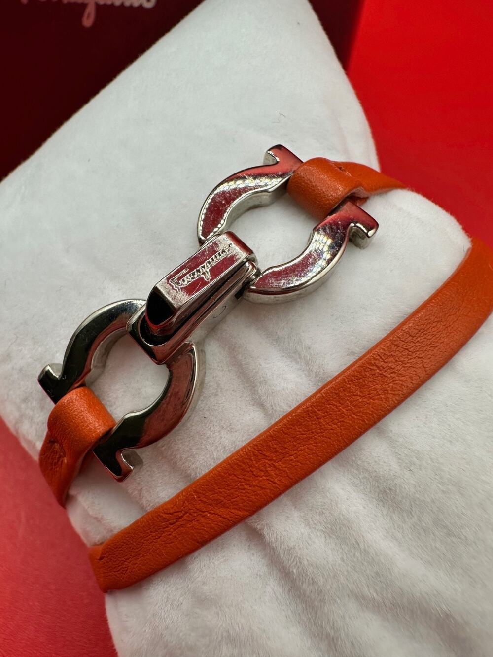Salvatore Ferragamo Gancini Logo Orange Calfskin Leather Double Wrap Bracelet